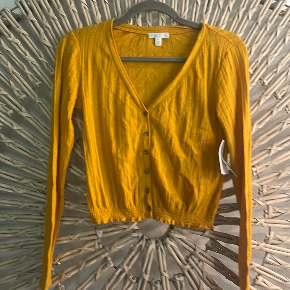 Burnt yellow light cardigan.  Size xxs but can fit up to a xs/s. Button up.  NWT